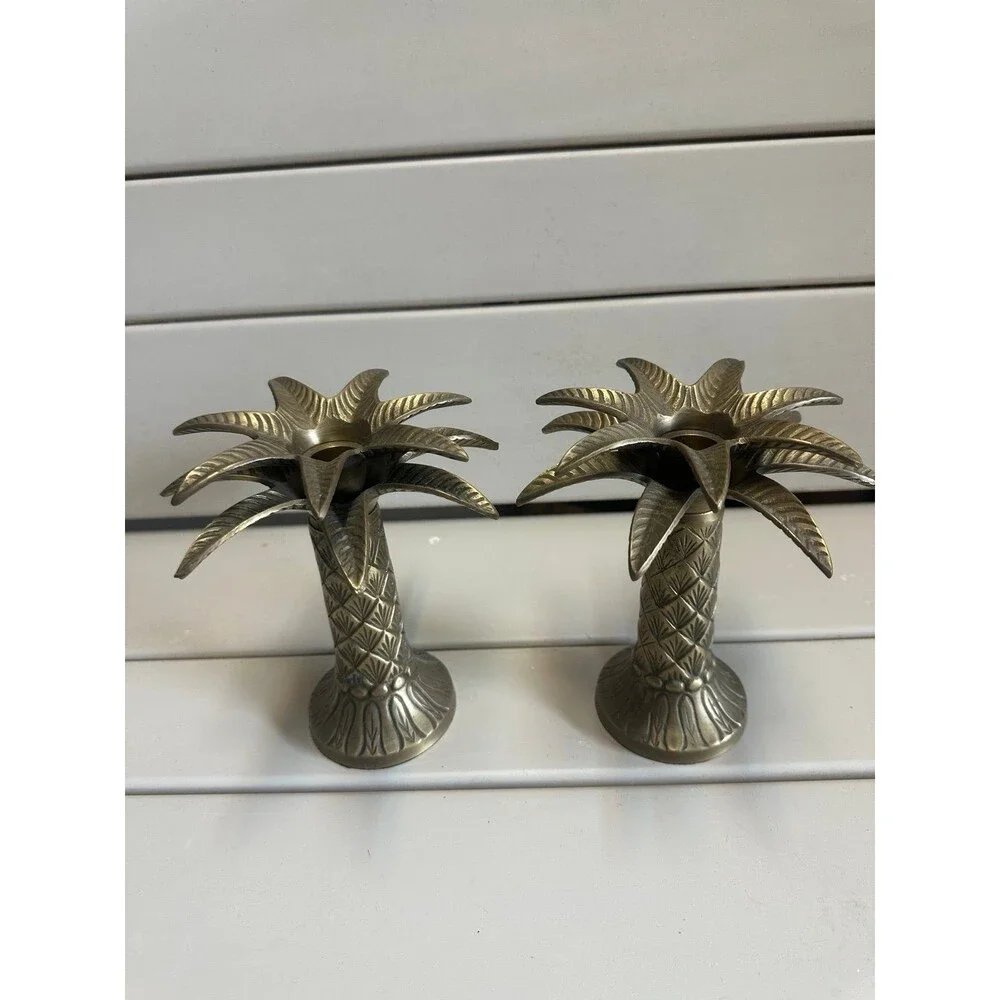 Vintage Engraved Brass Mid Century Palm Tree Taper Candle Holders Set